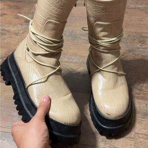 Beige Croc-Embossed Platform Boots